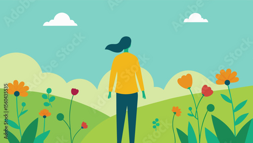 A person standing in a field of wildflowers symbolizing the importance of connecting with nature and its positive effects on overall wellness.. Vector illustration