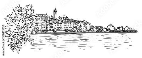 zurich skyline from lake view – black and white minimal vector
