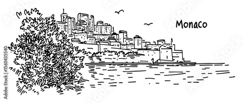 monaco skyline hand-drawn vector illustration in outline style