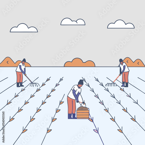 Farmers working in a field harvesting crops illustration with transparent background