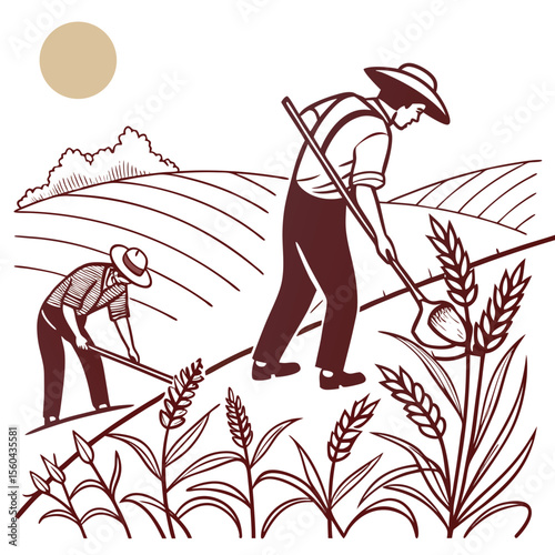 Farmers working the fields harvesting crops illustration with transparency on white background