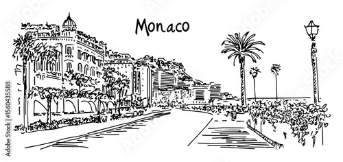 monaco promenade street view vector sketch in outline style