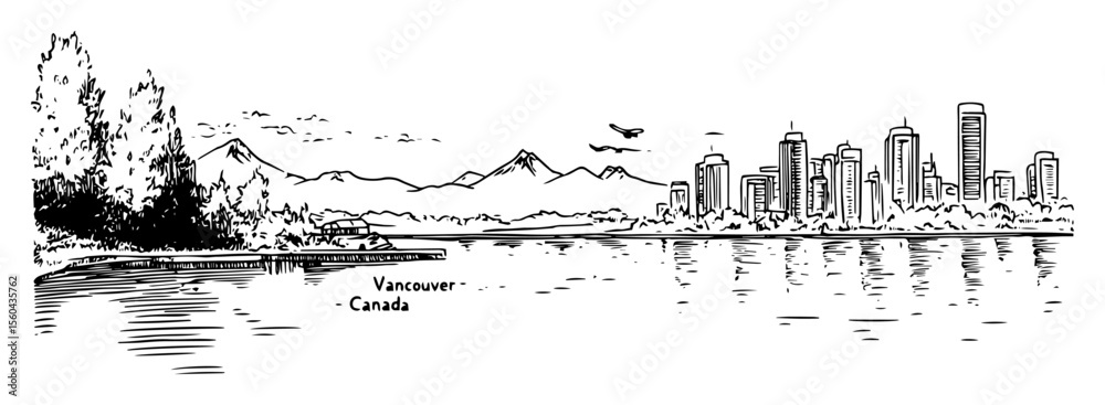 Obraz premium vancouver skyline with mountains vector drawing