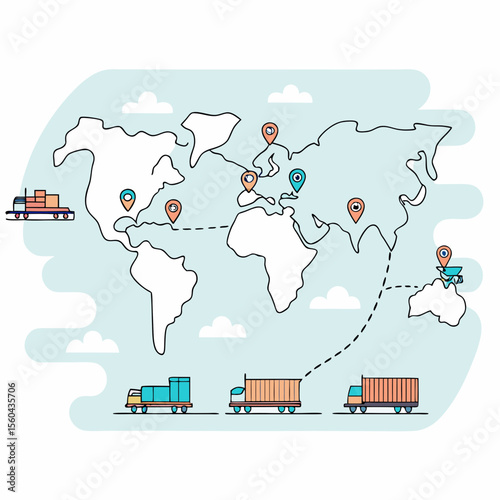 Global logistics and transportation illustrated on a world map with shipping destinations