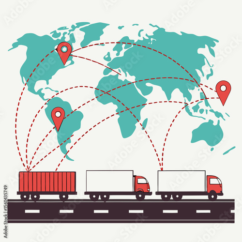Global shipping and logistics concept with world map and delivery trucks