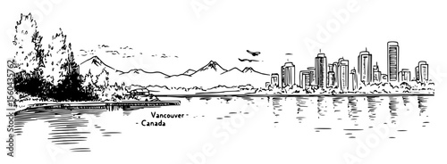 vancouver skyline with mountains vector drawing