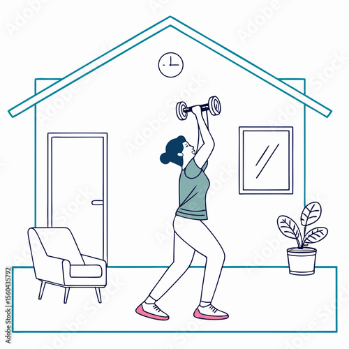 Home workout illustration featuring a woman lifting dumbbell exercise and healthy lifestyle