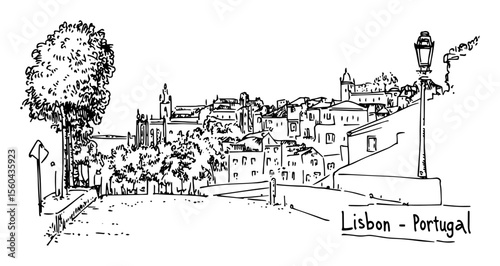 lisbon old town street view vector drawing