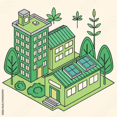 Isometric green eco-friendly buildings and vegetation illustration with transparency
