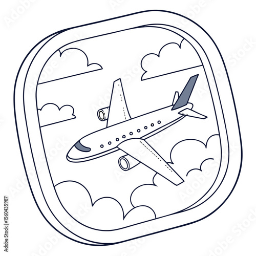 Illustration of an airplane flying through clouds as seen from an airplane window in a rounded frame
