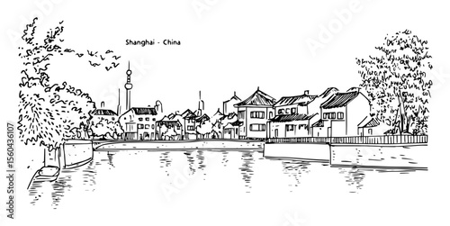 shanghai skyline and traditional houses vector illustration