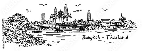 bangkok skyline with royal palace vector sketch