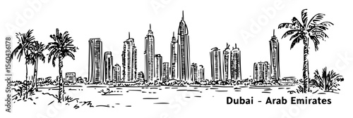 dubai skyline with palm trees vector illustration