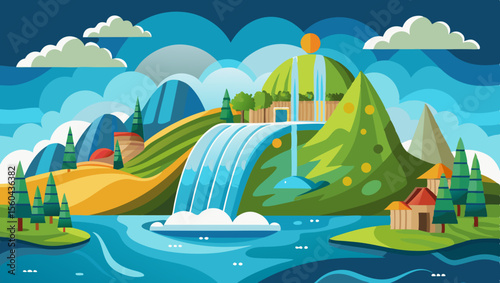 Vibrant cartoon landscape featuring a majestic waterfall cascading into a serene blue lake surrounded by rolling green hills and quaint houses