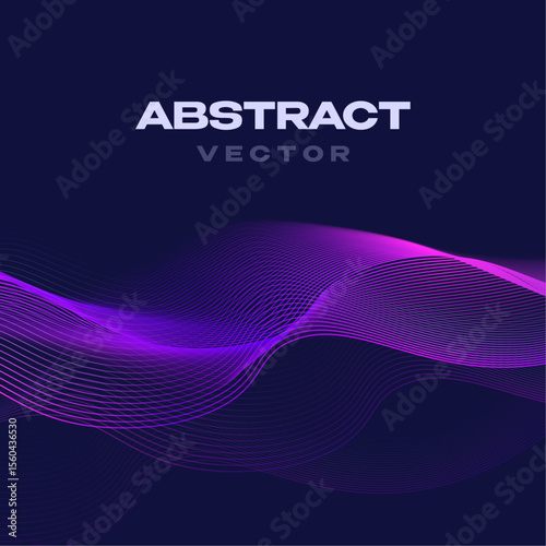 Futuristic  square abstract neon wave background with flowing purple lines on dark backdrop – modern vector template for tech design and digital banners