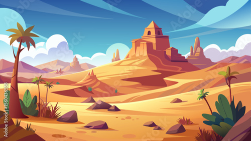 Vibrant cartoon desert landscape with ancient pyramid ruins and palm trees under a blue sky