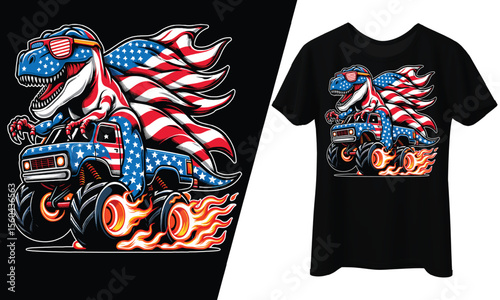 Patriotic Dinosaur Riding Monster Truck, 4th of July, T-Shirt Design.