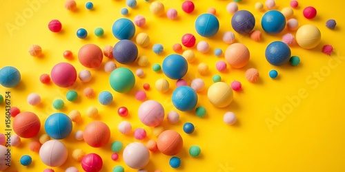 Joyful, colorful balls scattered on vibrant yellow background,  joy,  wallpaper