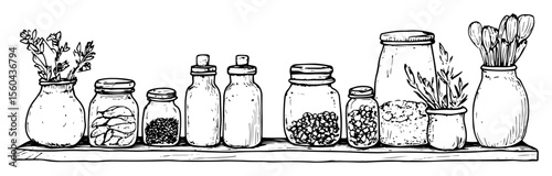 kitchen shelf with herbs and jars vector drawing