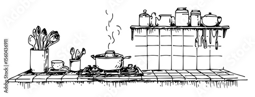 kitchen stove with steaming pot vector sketch