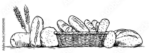 bread basket with loaves and wheat vector drawing