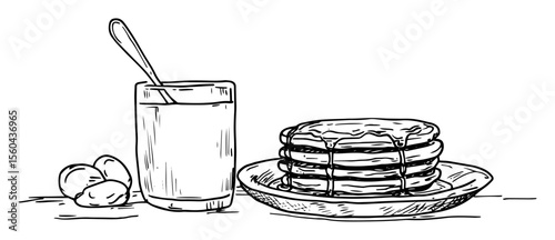 breakfast with pancakes juice and eggs vector drawing