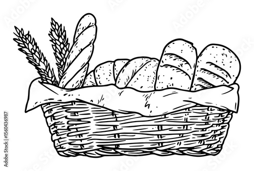 basket with assorted bread and wheat vector sketch