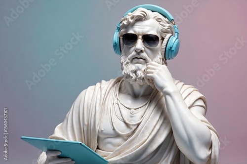 Classical statue of philosopher wearing sunglasses and headphones while holding a tablet in a modern art setting