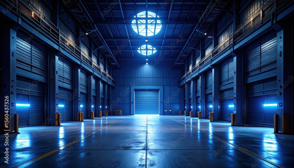 Fototapeta premium Vast Post-Apocalyptic Warehouse with Dramatic Blue Moonlight Effects
