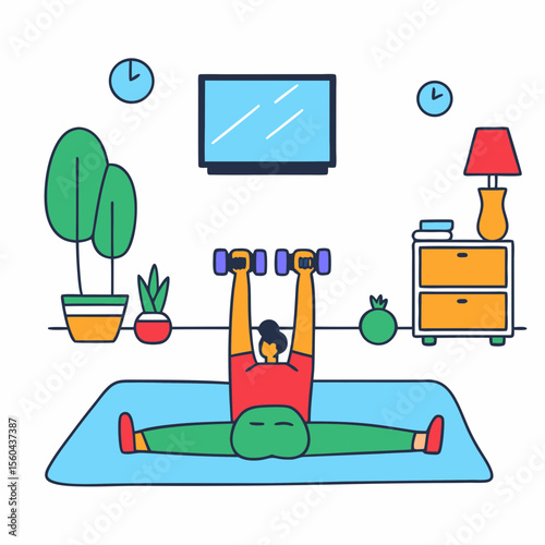 Person performing home workout with dumbbells illustrated in a colorful flat style