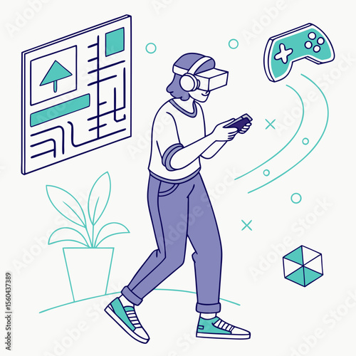 Person in virtual reality with controller and screen gaming illustration