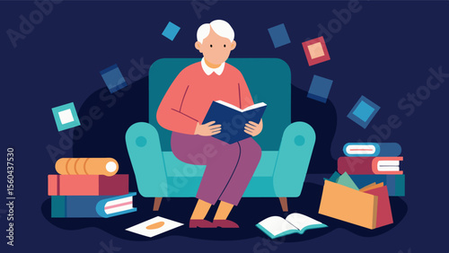 A scene of an elderly person sitting in a cozy armchair surrounded by their journals from over the years. The illustration symbolizes the wealth of memories and experiences that. Vector illustration