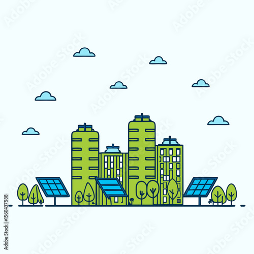 Sustainable city illustration featuring solar panels buildings trees and clouds