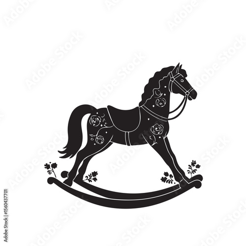 Black silhouette of a vintage rocking horse with clouds and decorative floral elements, vector style, minimal background