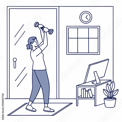 Woman exercising with dumbbells in home office illustration with transparency