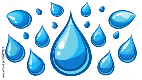 Collection of sparkling blue water drops in various sizes and shapes on a white background