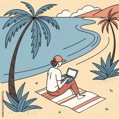 Woman working on laptop at beach enjoying tropical vacation digital nomad lifestyle