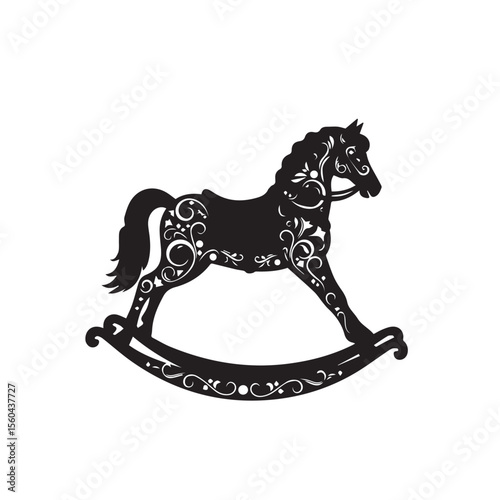 Black silhouette of a vintage rocking horse with clouds and decorative floral elements, vector style, minimal background