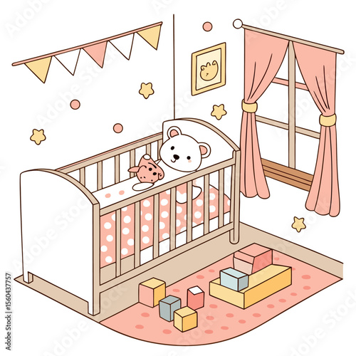 Illustration of a baby room with a crib, teddy bear, blocks, window, and decorations in soft pastel colors