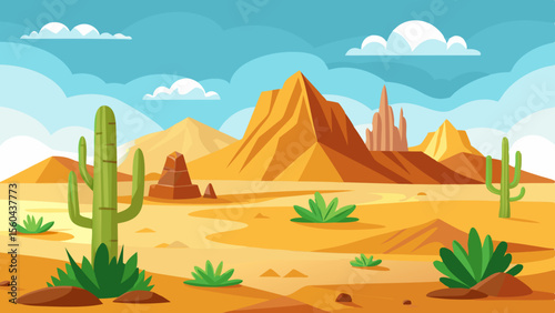Vibrant cartoon desert landscape with saguaro cacti rolling sand dunes and dramatic rock formations under a cloudy blue sky