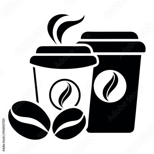 Two Coffee Cups with Steam and Coffee Bean Logo alongside Two Loose Coffee Beans