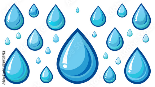 A collection of various sized blue water drops with highlights and outlines on a white background
