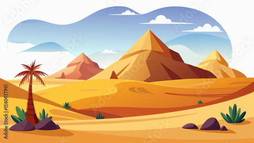 Stylized desert landscape with iconic pyramids and a lone palm tree under a blue sky with clouds