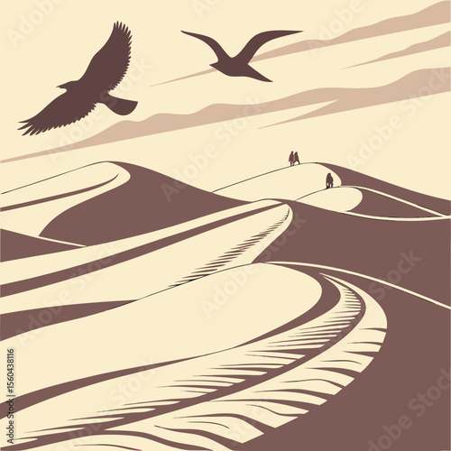 Illustration of desert landscape with sand dunes birds flying and people walking on the dunes in beige and brown