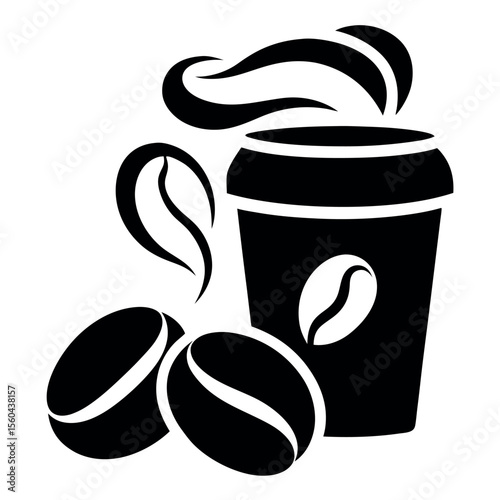 Steaming Coffee Cup with Coffee Beans Illustration Black and White Design