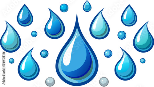 A collection of various sized blue water droplets and small spheres scattered across a white background