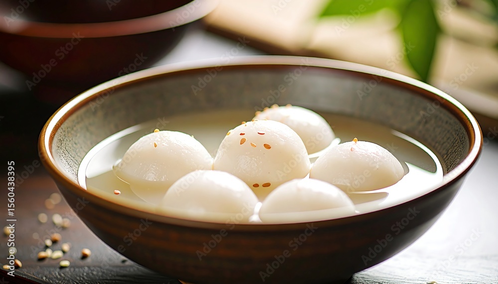 Sweet rice balls in a bowl of water garnished with sesame seeds Close up view of dessert Sweet rice balls in a bowl of water garnished with sesame seeds Close up view of dessert