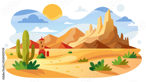Vibrant desert landscape with saguaro cactus adobe building and majestic rock formations under a sunny sky