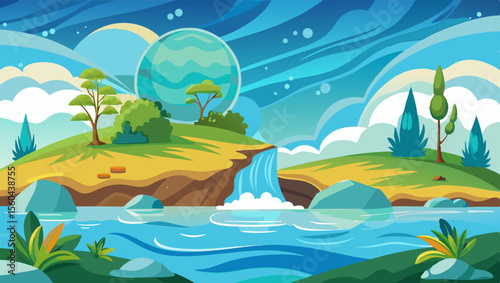 Vibrant cartoon landscape with a waterfall cascading into a blue river under a stylized planet and swirling sky