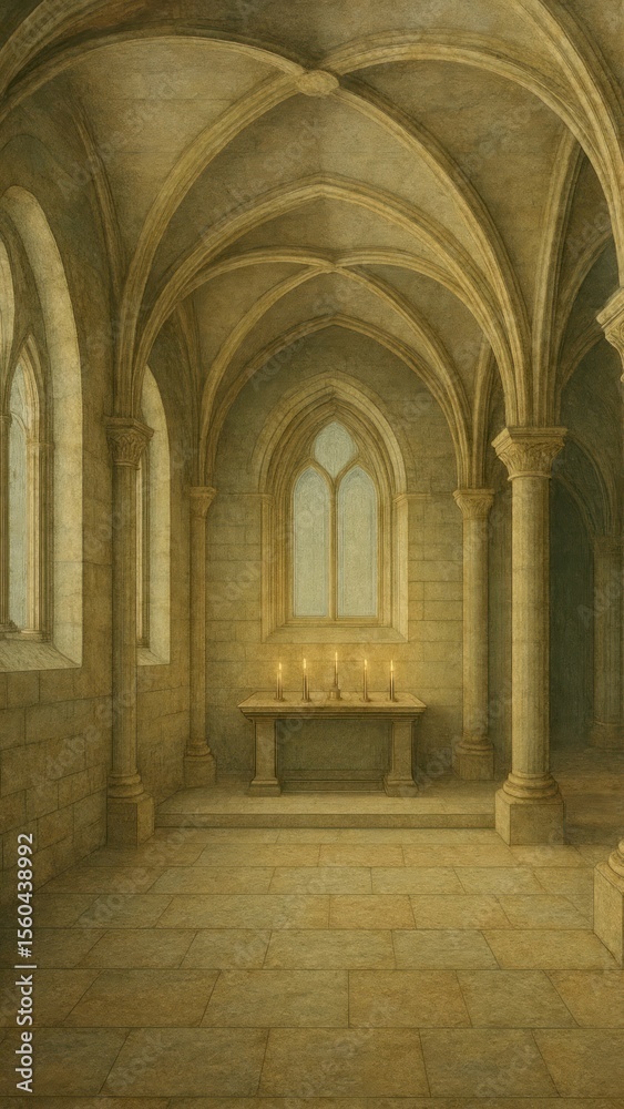 Fototapeta premium Medieval stone hall with candles.